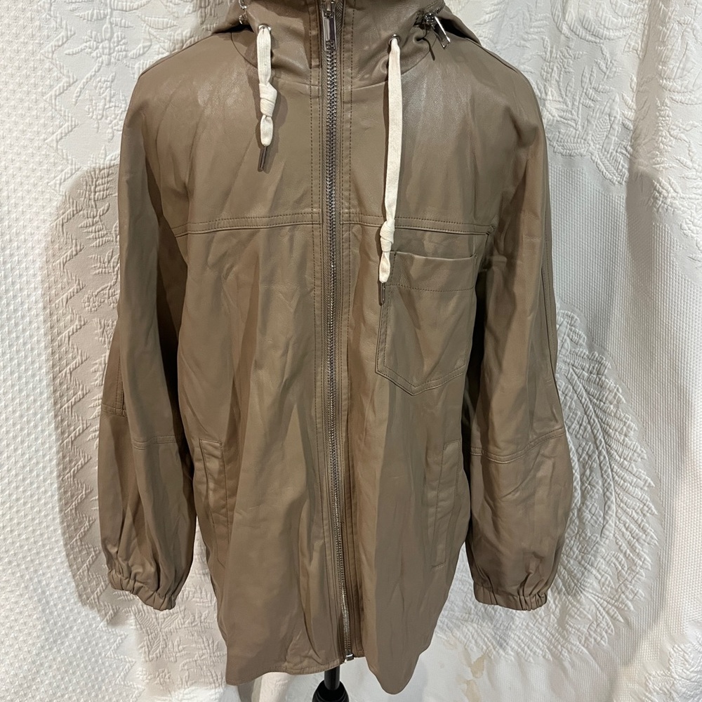 Zara Men's Tan‎ Hooded Faux Leather Full Zip Jacket, size XS